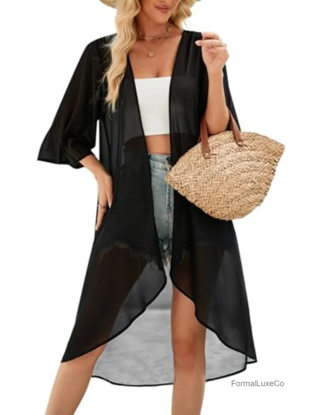 Long Floral Kimono Cardigan Sheer Swimsuit Cover Up Chiffon